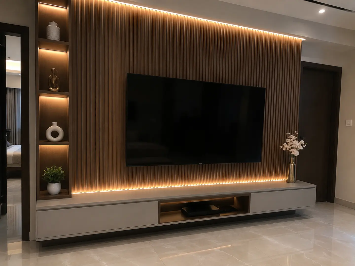 Fluted vertical timber slat media wall with backlit LED strips flanking a mounted TV