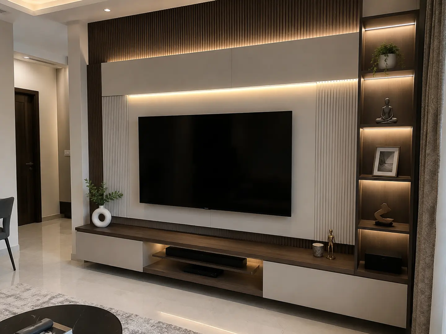 Timber media wall with central TV panel flanked by lit vertical display niches